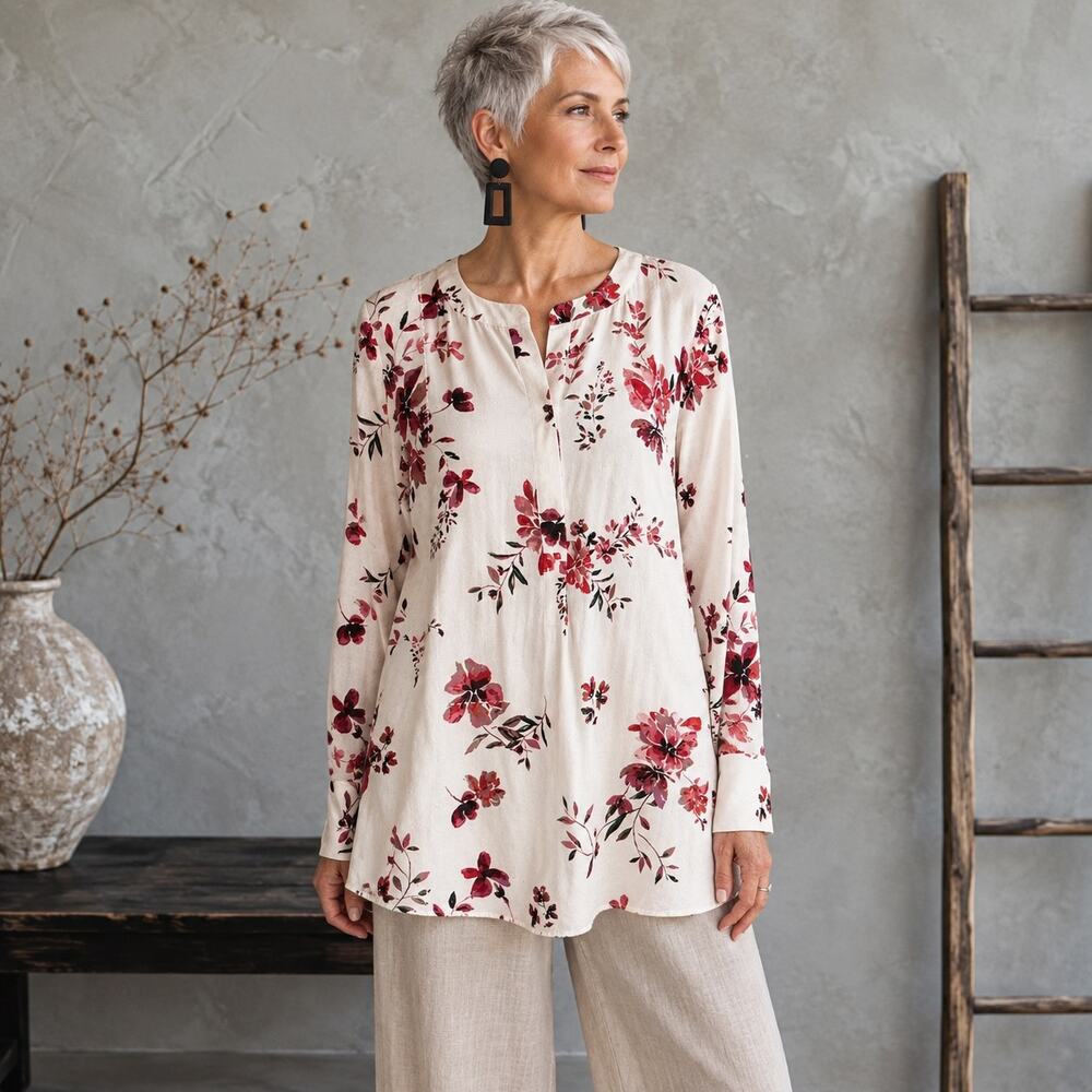 J Jill White& Red Floral Pop Over Top Long Sleeve Blouse Medium